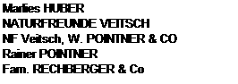 Szvegdoboz: Marlies HUBER
NATURFREUNDE VEITSCH
NF Veitsch, W. POINTNER & CO
Rainer POINTNER
Fam. RECHBERGER & Co
